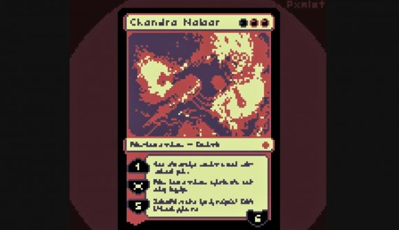 Magic: The Gathering Planeswalker pixel art: A pixel art recreation by artist Irbif of the MTG card Chandra Nalaar.
