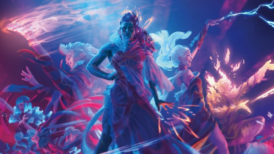 Magic the Gathering Reserved List: Wizards performing colourful red and blue spells.