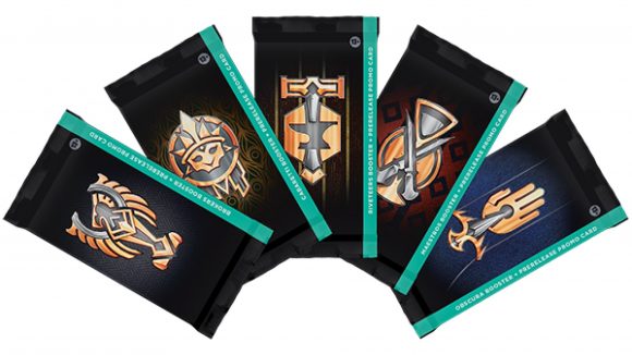 Magic: The Gathering Streets of New Capenna Commander deck supply issues: A set of five artist depictions of MTG deck boxes, spread in a fan, each with the symbol of a Streets of new capenna faction on it.