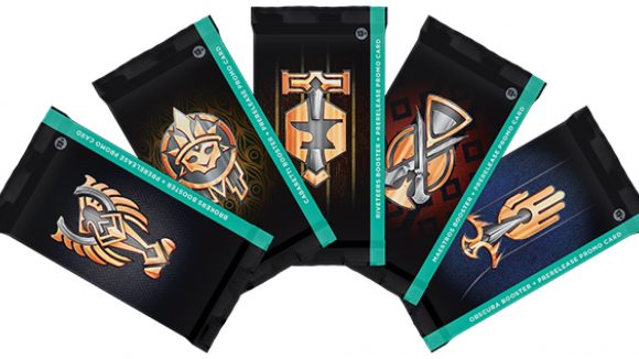 Magic: The Gathering Streets of New Capenna factions: mock ups of packs of each Streets of New Capenna faction, each with the family's logo prominent 