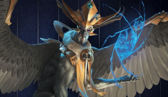 Magic the Gathering Streets of New Capenna artwork featuring a demon sphinx watching a magical screen.