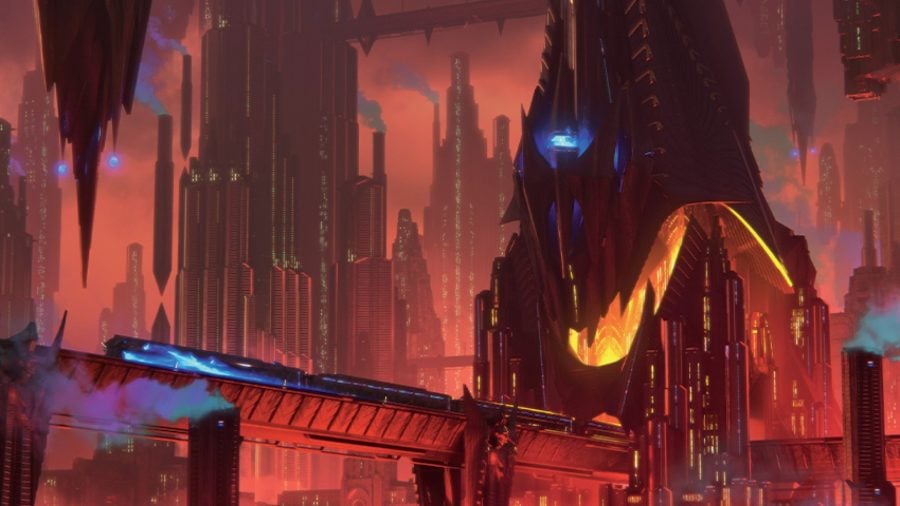 Magic the Gathering Streets of New Capenna Release date: A red-tinted cityscape with a monorail speeding towards gigantic buildings, many of which are floating. 