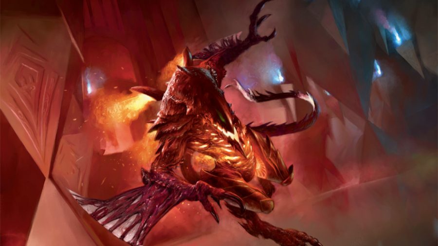 Magic The Gathering Streets of New Capenna Release Date spoilers: Artwork of the red Phyrexian Primarch, Urabrask from Streets of New Capenna.