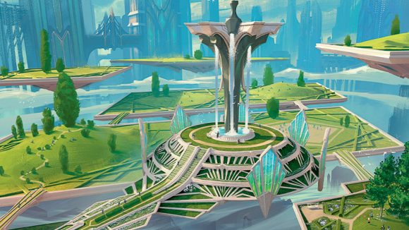Magic the Gathering Streets of New Capenna story: a landscape of an art deco plaza with lush greenery and a fountain shaped like an angel.
