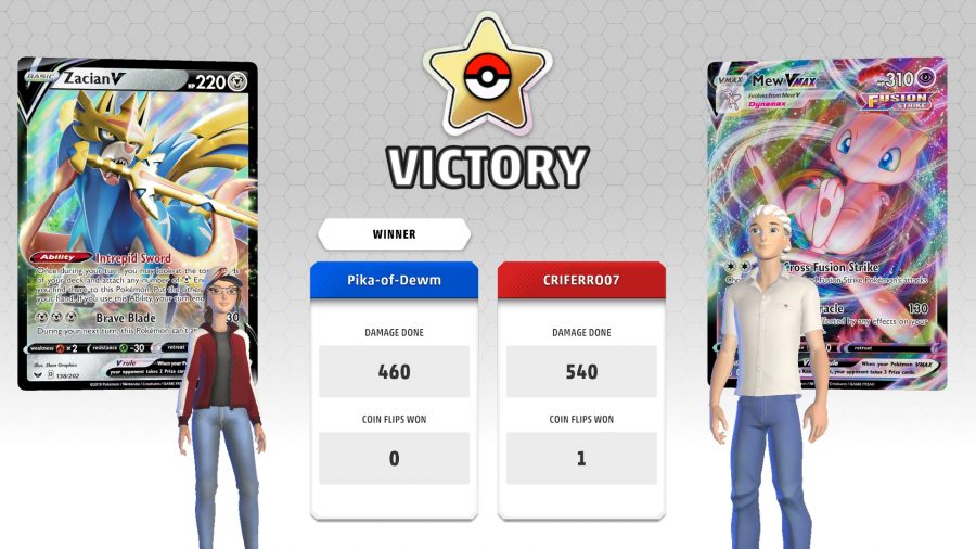 Pokemon TCG Live beta preview - Author screenshot showing the post battle result screen and victory message