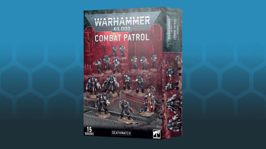 Warhammer 40k Deathwatch army guide - Games Workshop sales image of the Deathwatch Combat Patrol box on blue background
