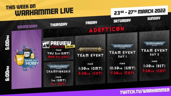 Warhammer 40k Eldar release date - Warhammer Community graphic showing Warhammer TV's streaming schedule during Adepticon 2022