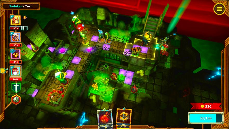 Demeo PC Edition - level overhead view, characters, monsters, and piles of green and purple goo in dungeon
