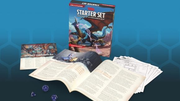 DnD Starter set Dragons of Stormwreck Isle - box and contents on blue background