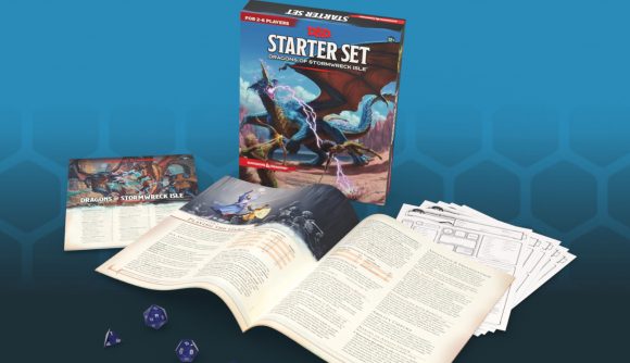 DnD Starter set Dragons of Stormwreck Isle - box and components on blue background
