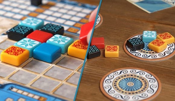 Azul images spliced together - the first shows tiles on the main game board, the second shows tiles on the factory spaces.