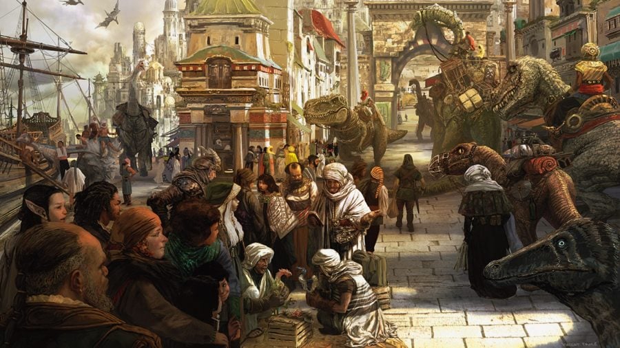 dnd roleplay - a complex street scene, full of different species of dinosaur being used as beasts of burden.