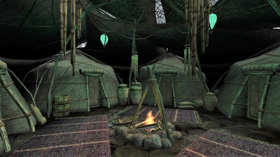 DnD The Elder Scrolls Morrowind TTRPG - Author screenshot from The Elder Scrolls 3 Morrowind showing the inside of Ashlanders' yurts