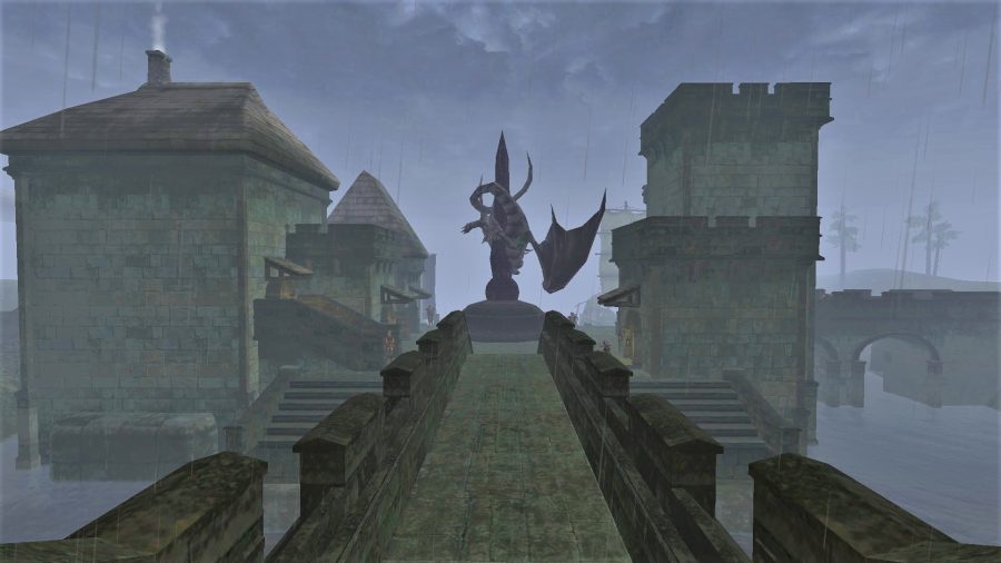 DnD The Elder Scrolls Morrowind TTRPG - Author screenshot from The Elder Scrolls 3 Morrowind showing a bridge, buildings, and a dragon statue