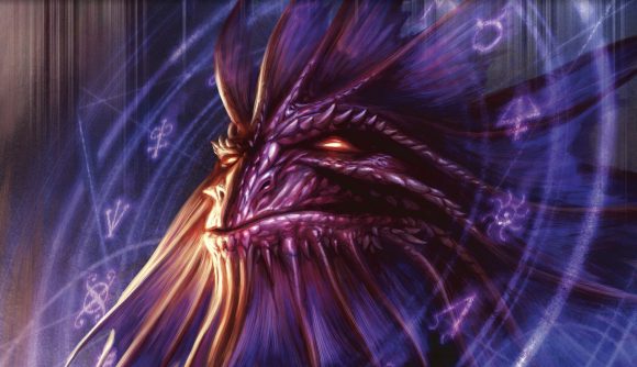 Magic the Gathering Arena eternal format announced. A red spiky headed dragon with his head surrounded by a ring of magical symbols