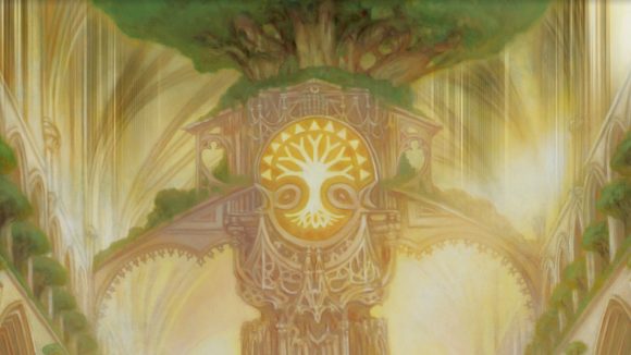 Magic the Gathering Arena eternal format announced: A temple filled with trees and glowing yellow light.