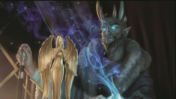 magic the gathering commander decks mechanics mark rosewater: Artwork of a demon surrounded by blue mist looking at a golden angel statuette.