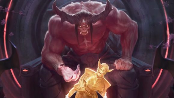 Magic: The Gathering price increase: A purple demon looking at a golden idol.