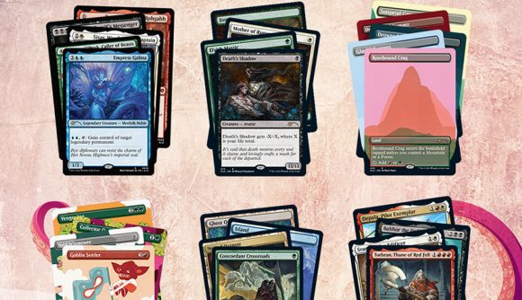 Magic the Gathering secret lair superdrop April 2022: A set of six Magic the Gathering secret lairs with illustrated tentacles grasping them.