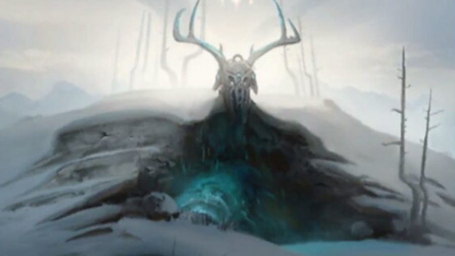 Magic: The Gathering snow lands - artwork from the MTG card faceless haven of a snowy hillock with an antlered skull on top of it.