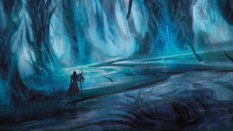 Magic: The Gathering snow lands - MTG land art from the kaldheim set of a dark cave glowing blue.