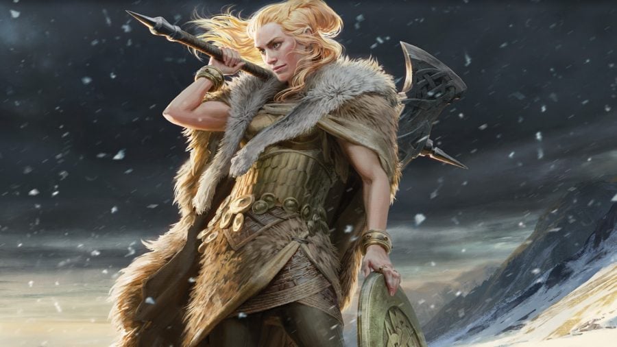 Magic: The Gathering snow lands - a woman in a snowy landscape wearing furs with a large axe over her shoulder
