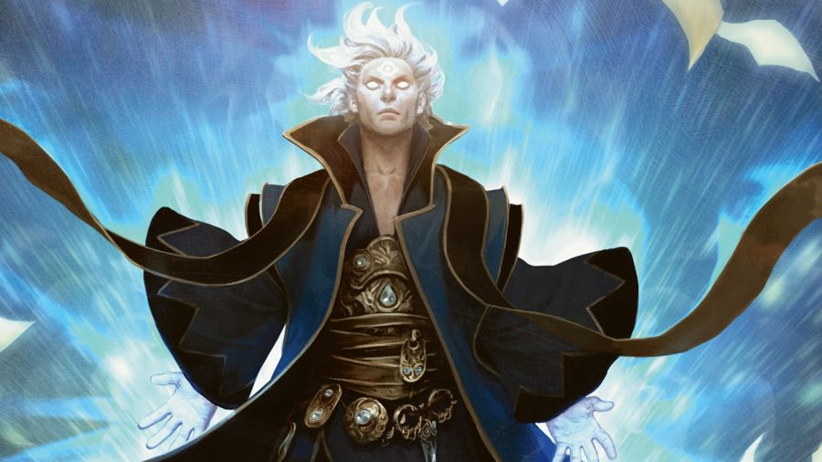 Magic The Gathering spoiler season is endless: A robed magical figure with white hair surrounded by a blue burst of energy.