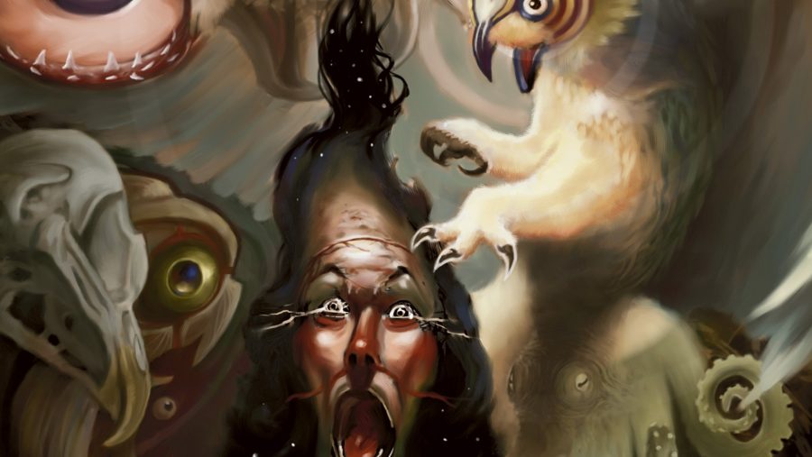 Magic The Gathering: Spoiler season is endless. Disturbing artwork of a man with streaming eyes surrounded by monsters.