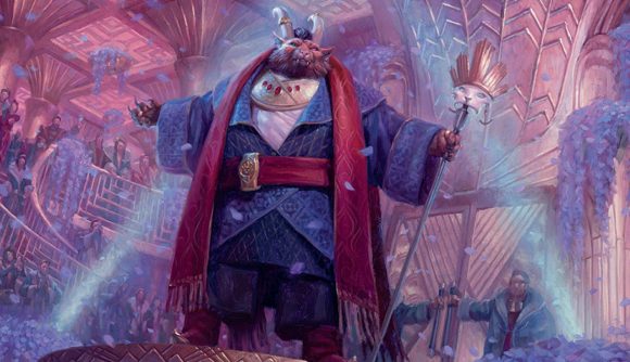 Magic The Gathering Streets of New Capenna spoilers legendary demons - Magic artwork of the demon cat Jetmir in bright robes, at a party.