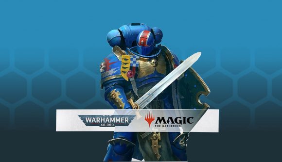 Magic the gathering: Warhammer 40k secret lair. An image of a primaris space marine taken from a product listing, with the blue hex wargamer background