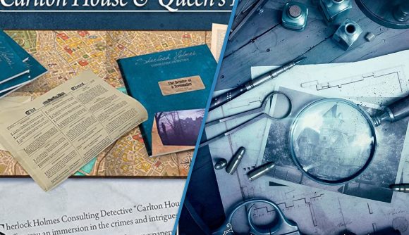 Sherlock Holmes Consulting Detective board game images spliced together, the image on the left shows an image from the back of the box, which shows documents from the game, the image on the right shows artwork from the front of the box, included magnifying glasses and other tools laid upon an indistinct photograph.