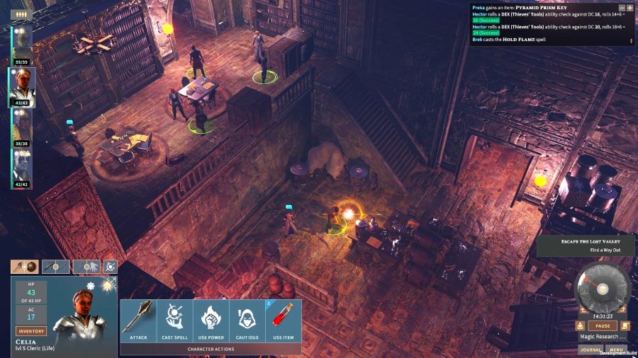 Solasta: Crown of the Magister Lost Valley review - Lost Valley DLC screenshot showing the party exploring a library inside a stone structure