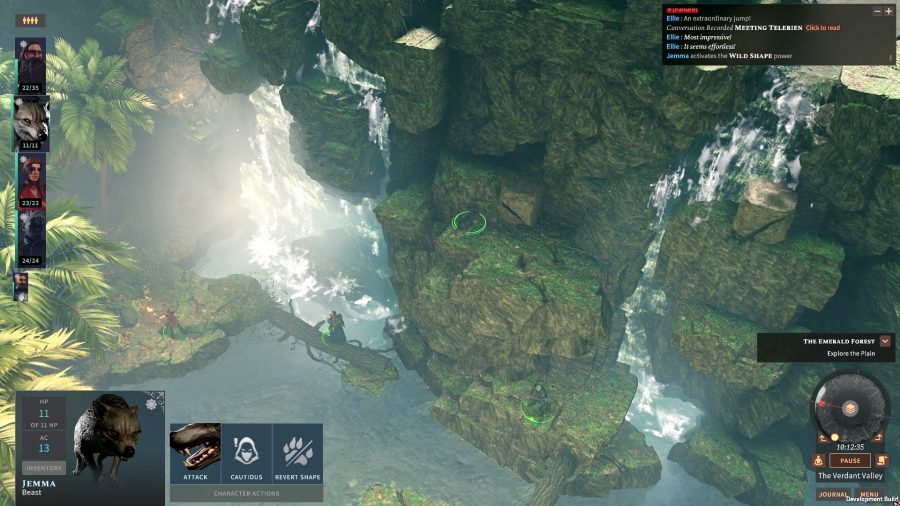 Solasta: Crown of the Magister Lost Valley review - Lost Valley DLC screenshot showing the party crossing a river past a waterfall