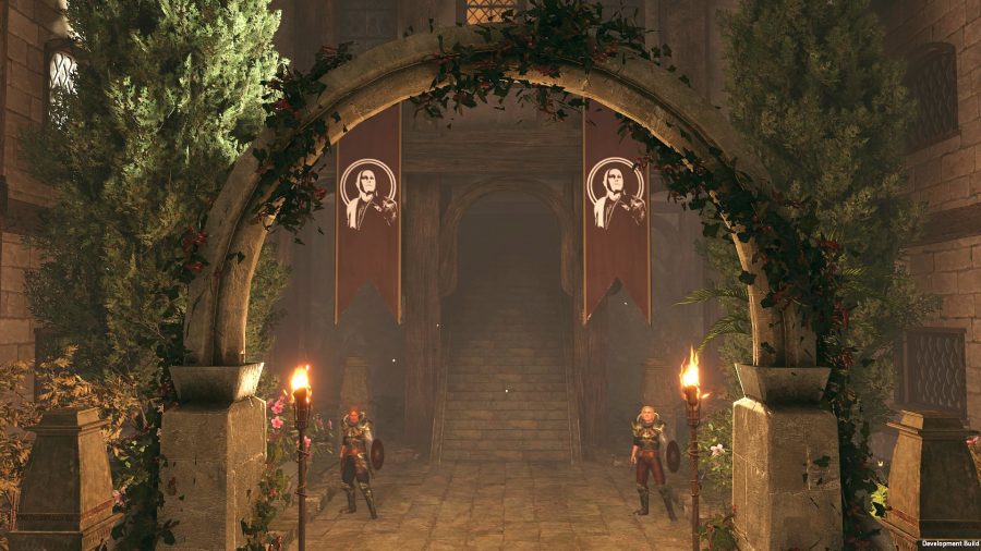 Solasta: Crown of the Magister Lost Valley review - Lost Valley DLC screenshot showing two guards in front of a grand entrance, with two red banners hanging from an arch above them