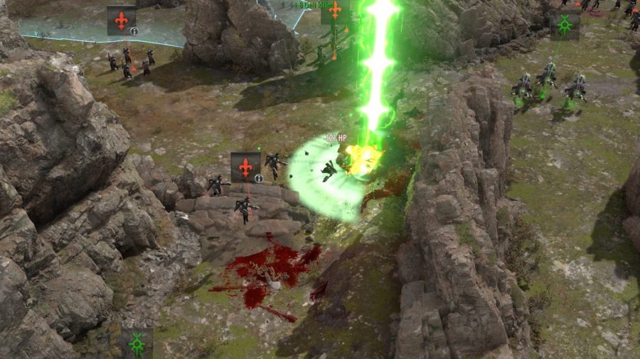 Warhammer 40000 battlesector necrons dlc: A gameplay screenshot showing a beam of green light striking a unit