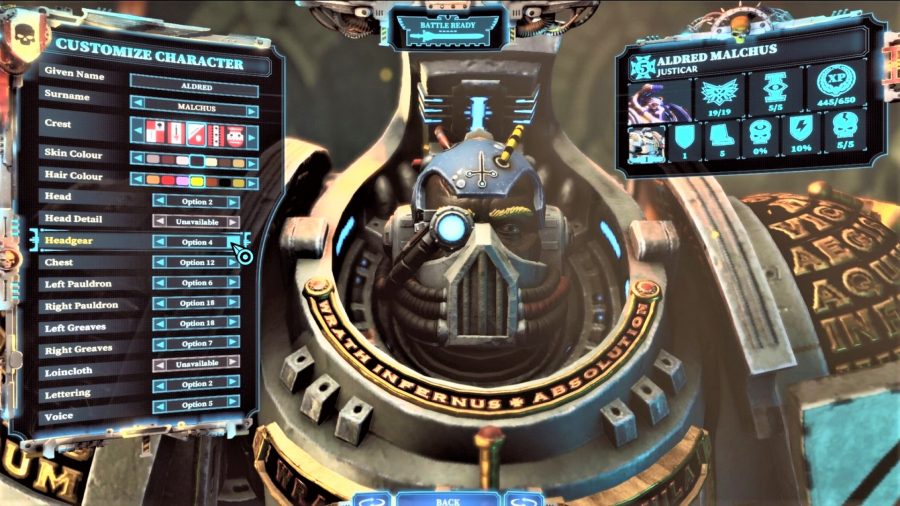 Warhammer 40k Chaos Gate Daemonhunters hands on preview - author gameplay screenshot showing the Grey Knight customisation screen, zoomed into the head and face options
