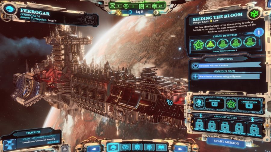 Warhammer 40k Chaos Gate Daemonhunters hands on preview - author gameplay screenshot showing the main campaign menu and the ship that is your base, the baleful edict