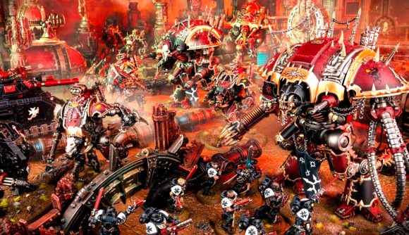 Warhammer 40k Chaos Knights codex dread rules - Warhammer Communtity photo showing red-armoured Chaos Knights attacking Black Templars Space Marines