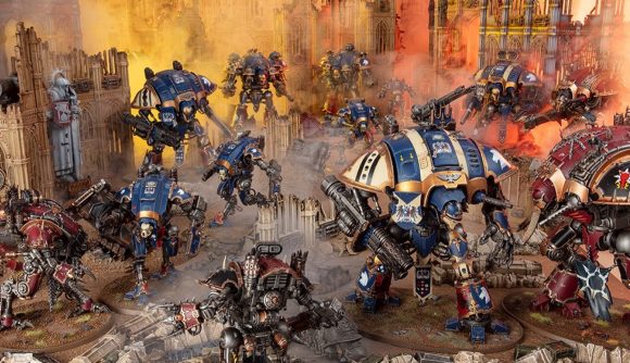 Warhammer 40k imperial knights armiger knightly teachings: A group of imperial knights and chaos knights fighting