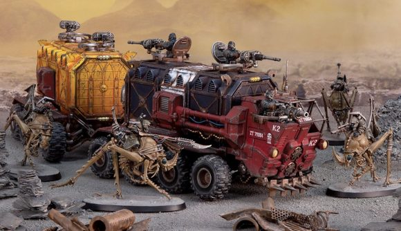 Warhammer 40k Necromunda Cargo 8 Ridgehauler model reveal - Warhammer Community photo showing the full land train model with other Ash Wastes models