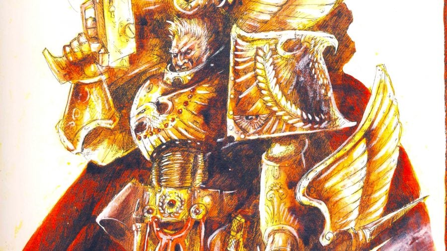Warhammer 40k Rogal Dorn guide - Games Workshop artwork showing a watercolour painting of Rogal Dorn in golden armour
