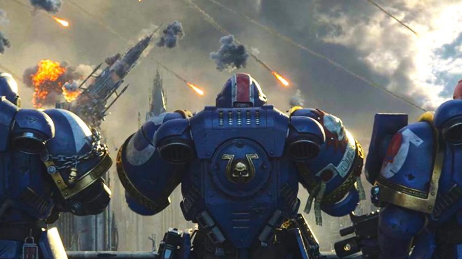Warhammer 40k Space Marine 2 release date - official trailer screenshot showing captain titus and his marines looking out at the battle