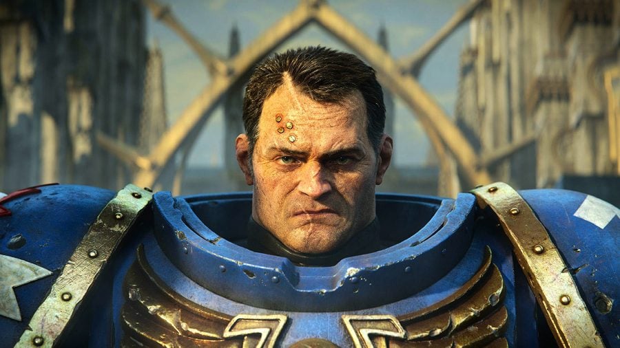 Warhammer 40k Space Marine 2 release date - official trailer screenshot showing Captain Titus' face head on