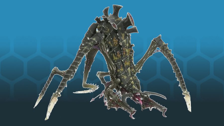 Warhammer titans guide - Forge World sales photo of a painted Tyranid Hierophant model on a blue hex background