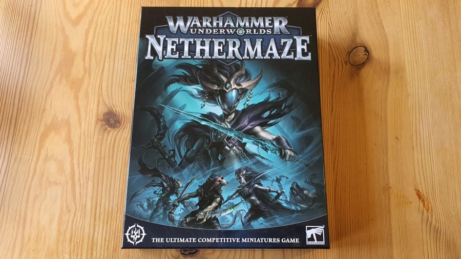 Warhammer Underworlds Nethermaze review - author photo showing the box front art, depicting Slythael, leader of the Shadeborn