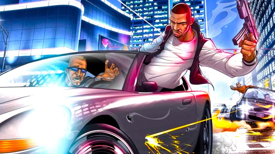 Everyday Heroes black D&D character - a bald, black man leans out a car window during a car chase in an urban area, wielding a pistol