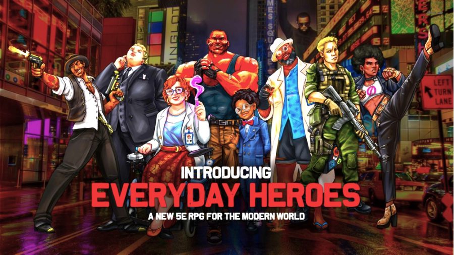 Everyday Heroes black D&D character - the Everyday Heroes logo with a group of characters stood behind it