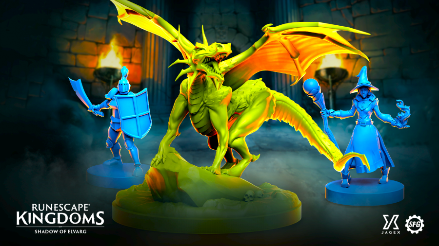 RuneScape board game preview - miniature model dragon (green), wizard (blue), and knight (blue)