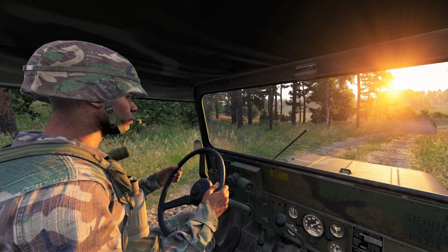 Arma 4 reforger hands on: A soldier driving a jeep, with sunset visible through the windscreen