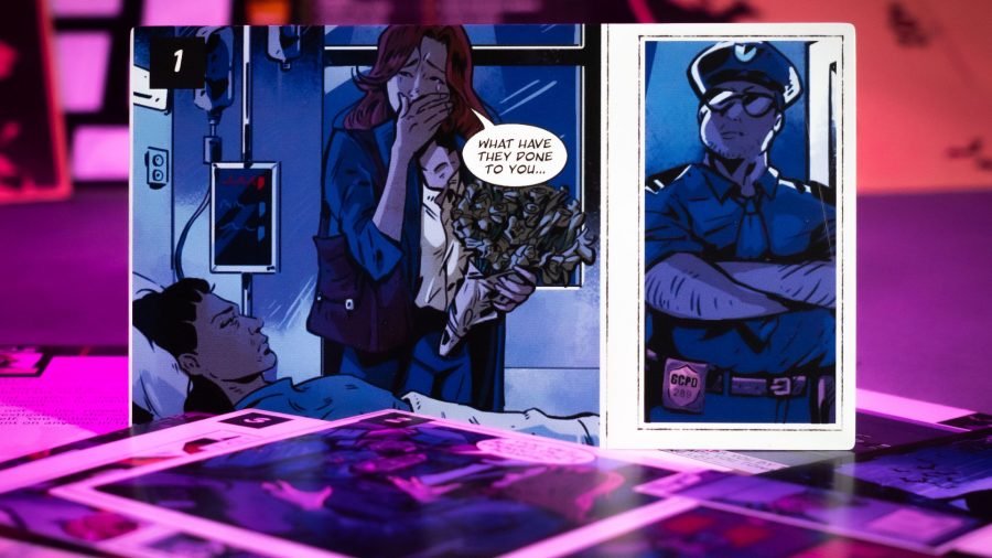 Batman: Everybody Lies board game review - Portal Games publisher image showing one of the board game's cards, with a comic book image of a woman with flowers and a police officer
